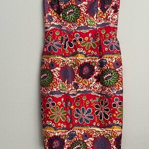 David Meister Strapless Cocktail Red Floral Midi Dress